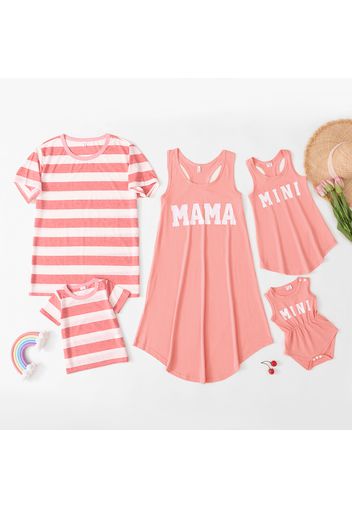 Mosaic Pink Series Cotton Family Matching Sets(Tank Dresses for Mom - Girl and Baby Rompers ; Striped T-shirts for Dad and Boy)