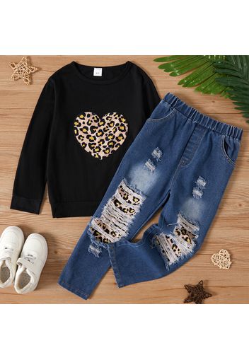 2-piece Kid Girl Leopard Heart Print Black Pullover Sweatshirt and Patchwork Ripped Jeans Denim Pants Set