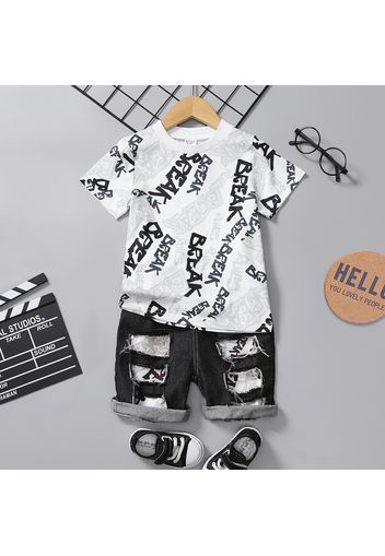 2pcs Toddler Boy Trendy Ripped Denim Shorts & Letter Print Tee Set