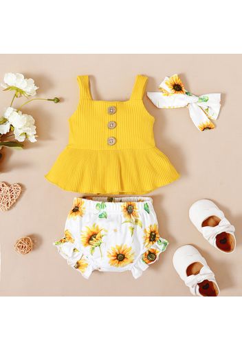 3pcs Baby Girl Solid Ribbed Ruffle Sleeveless Tank Top and Floral Print Shorts with Headband Set