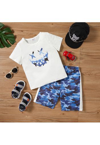 2pcs Kid Boy Emojis Print Short-sleeve Tee and Camouflage Print Shorts Set