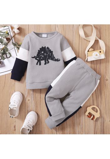 2pcs Baby Dinosaur Print Grey Color Block Long-sleeve Waffle Sweatshirt and Trousers Set