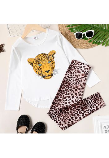 2-piece Kid Girl Animal Leopard Print High Low Long-sleeve Tee and Elasticized Pants Set