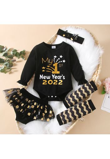 New Year 4pcs Baby Girl Letter Print Black Long-sleeve Romper and Polka Dots Skirted Shorts Set