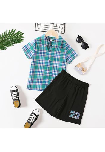 2-piece Kid Boy Plaid Lapel Collar Short-sleeve Shirt and Number Print Black Shorts Set