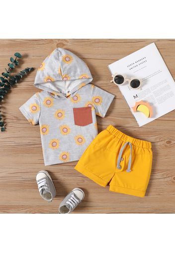 2pcs Baby Boy/Girl Allover Sunflower Print Hooded Short-sleeve Top and Solid Shorts Set