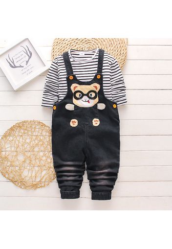 2pcs Toddler Boy Playful Lion Embroidered Denim Overalls and Stripe Long-sleeve Tee Set