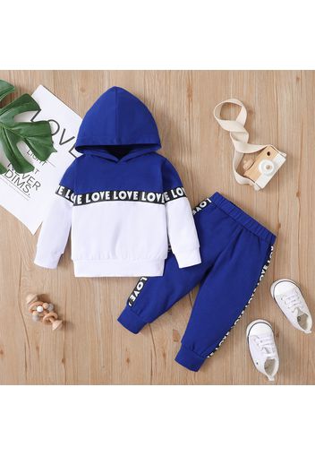 2pcs Letter Print Splice Color Block Hooded Long-sleeve Baby Set