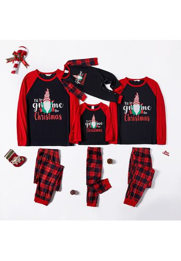 Christmas Gnome and Letter Print Family Matching Raglan Long-sleeve Plaid Pajamas Sets (Flame Resistant)