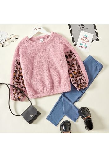 2-piece Kid Girl Leopard Print Fuzzy Pullover Sweatshirt and Denim Leggings Set