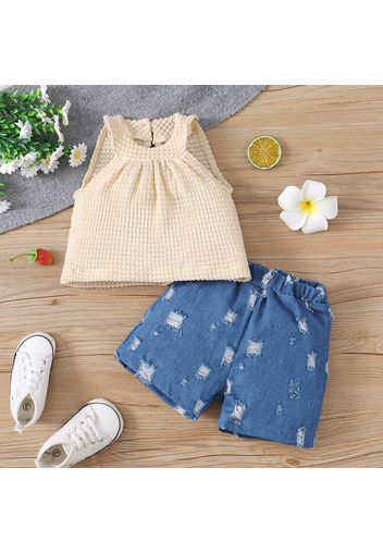 2pcs Baby Girl Solid Knitted Sleeveless Tank Top and Ripped Denim Shorts Set