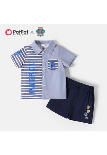 PAW Patrol 2pcs Toddler Boy Striped Pocket Design Lapel Collar Shirt and Elasticized 100% Cotton Shorts Set