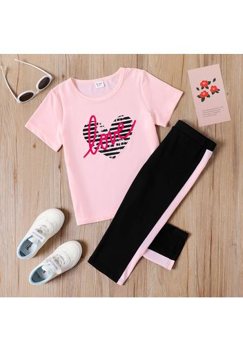 2-piece Kid Girl Letter Heart Print Pink Tee and Colorblock Capri Pants Set