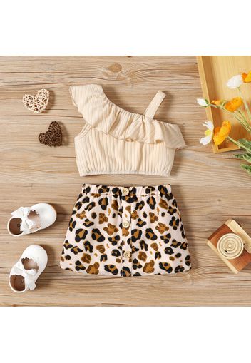 2pcs Baby Girl Solid Ribbed One Shoulder Ruffle Sleeveless Tank Top and Leopard Skirt Set