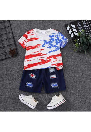 Independence Day 2pcs Toddler Boy Casual Patchwork Ripped Denim Shorts and Allover Print Tee Set