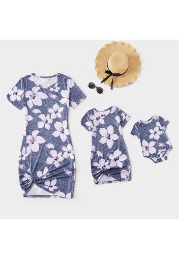 Allover Floral Print Twist Knot Short-sleeve T-shirt Dress for Mom and Me