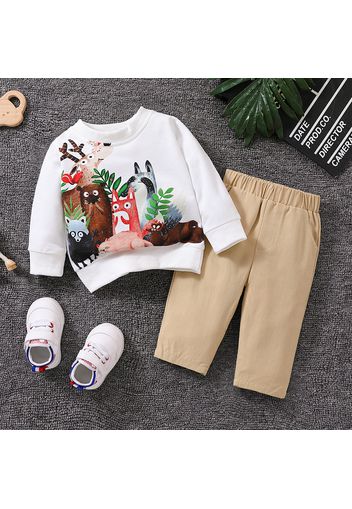 100% Cotton 2pcs Baby Boy Cartoon Animal Print Long-sleeve Sweatshirt and Solid Pants Set