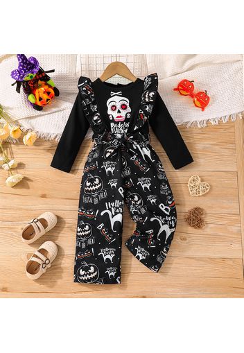 Toddler Girl Halloween Faux-two Skeleton Print Long-sleeve T-shirt Top and Overalls Pants Black Set