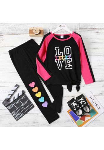 2-piece Kid Girl Letter Print Colorblock Long-sleeve Tee and Heart Print Elasticized Pants Set