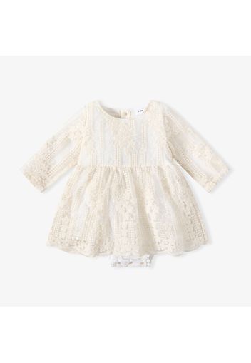 Floral Lace Splicing Beige Long-sleeve Baby Romper Dress