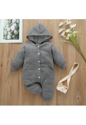 Baby Solid Button Down Long-sleeve Hooded Jumpsuit with Pockets