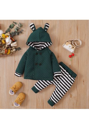 2pcs Baby Boy/Girl Double Breasted Hooded Long-sleeve Quilted Thickened Outwear and Striped Trousers Set