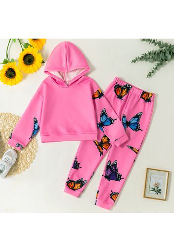 2-piece Kid Girl Butterfly Print Pink Hoodie Sweatshirt and Pants Set