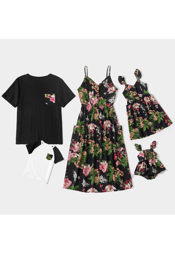 Floral Print Family Matching Sets(Front Buttons Sling Dresses with Pockets for Mom and Girl ; Short Sleeve T-shirts for Dad and Boy)