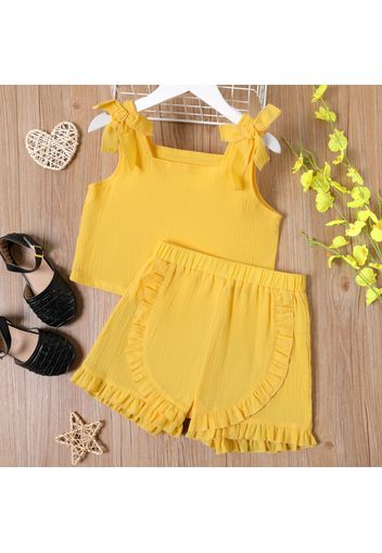 2-piece Kid Girl 100% Cotton Bowknot Design Solid Color Crepe Camisole and Ruffled Shorts Set