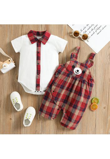 100% Cotton 2pcs Baby Boy/Girl Short-sleeve Romper and Cartoon Plaid Overalls Set