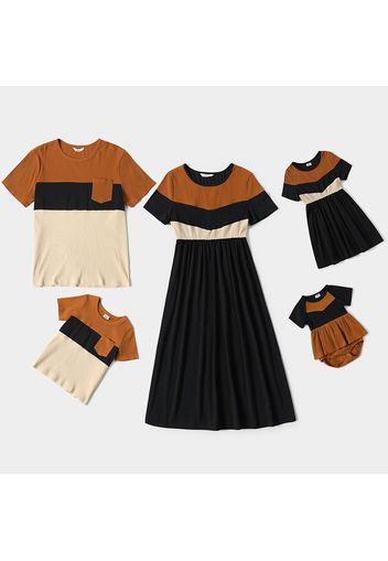 Family Matching Color Block Ribbed Round Neck Short-sleeve Dresses and T-shirts Sets