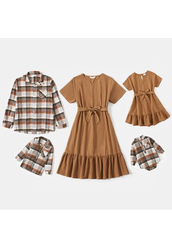 Family Matching Solid Short-sleeve Ruffle Hem Dresses and Long-sleeve Plaid Shirts Sets