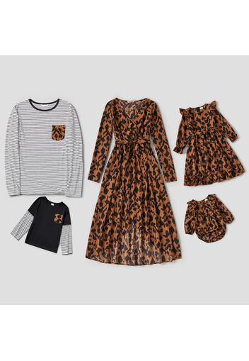 Long-sleeve Leopard Print Family Matching Sets（Ruffle Midi Dresses and Striped T-shirts）