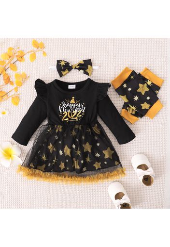 New Year 3pcs Baby Girl Letter and Star Print Black Mesh Dress Set