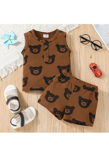 Cotton 2pcs Baby Boy/Girl All Over Cartoon Bear Print Tank Top and Shorts Set