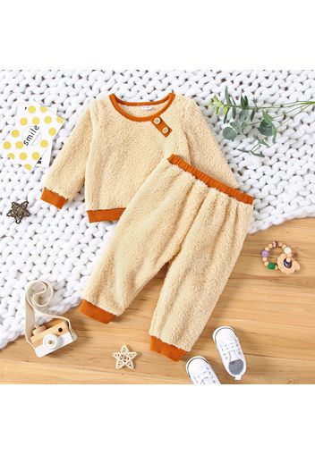 2pcs Baby Boy/Girl Solid Fuzzy Fleece Long-sleeve Pullover and Trousers Set