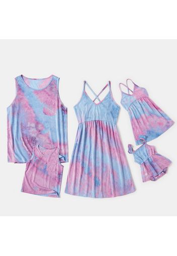 Tie-dye Series Family Matching Sets（Cross Back Design Sling Dresses for Mom and Girl ; Loose Tank Tops for Dad and Boy）