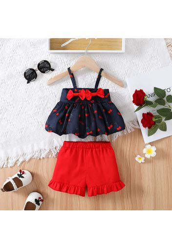 2pcs Baby Girl Allover Cherry Print Bowknot Design Cami Top and Ruffle Trim Shorts Set