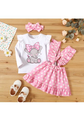 2-piece Toddler Girl Ruffled Elephant Print Long-sleeve Top and Polka dots Ruffle Hem Suspender Skirt and Headband Set