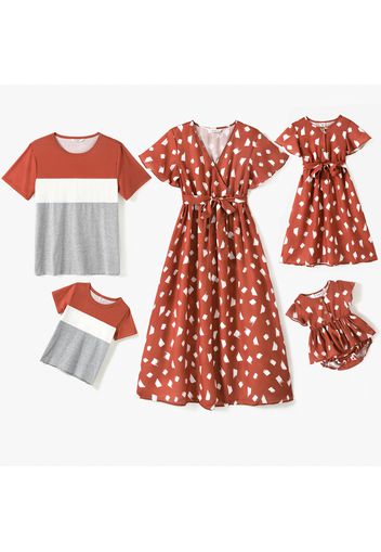 Family Matching Print V Neck Short-sleeve Belted Dresses and Colorblock T-shirts Sets
