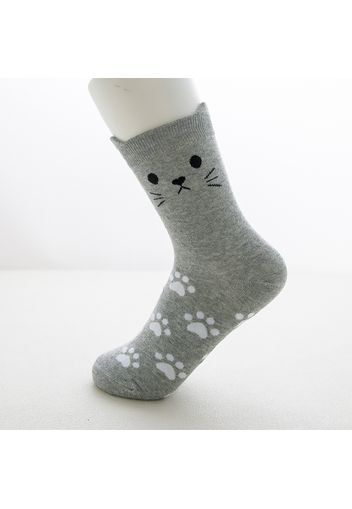 Women 100% Cotton Cute Cartoon Cat Dual Ears Footprints Print Tube Socks