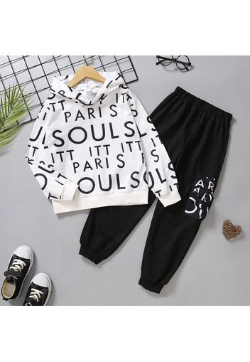 2pcs Kid Boy Letter Print Hooded Sweatshirt and Pocket Design Black Pants Set