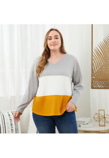 Women Plus Size Casual Colorblock V Neck Long-sleeve Tee