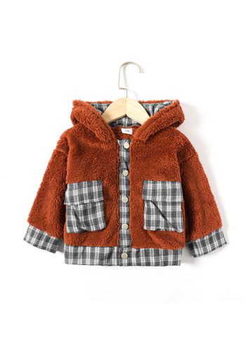 Baby Boy/Girl Coffee Fluffy Long-sleeve Hooded Splicing Plaid Jacket