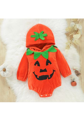 Halloween Pumpkin Pattern Splice Orange Long-sleeve Fleece Romper