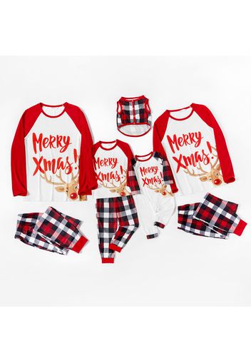 Mosaic Christmas Merry Xmas and Reindeer Print Plaid Family Matching Pajamas Sets (Flame Resistant)