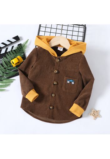 Toddler Boy Color Splice Vehicle Embroidery Hooded Corduroy Coat Jacket