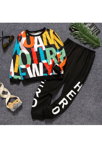 2pcs Kid Boy Colorful Letter Print Pullover Sweatshirt and Black Pants Set