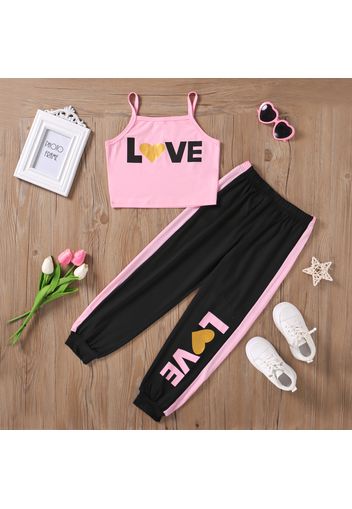 2pcs Kid Girl Letter Print Camisole and Colorblock Pants Set