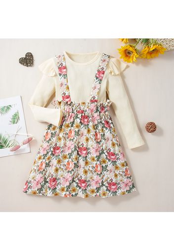 2-piece Kid Girl Solid Top Floral Print Suspender Skirt Set